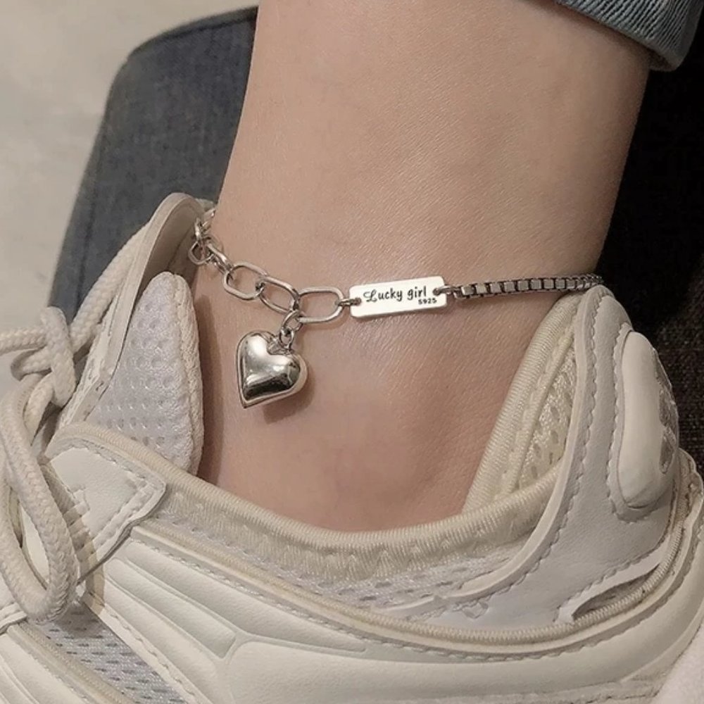 *NEW 925 Sterling Silver Heart Link Chain Anklet - Picture 1 of 13